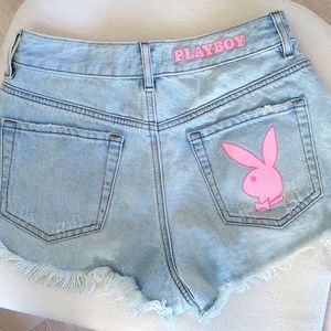 Playboy By PacSun Pink Bunny High Waisted Festival Denim Cut off Shorts Size 25
